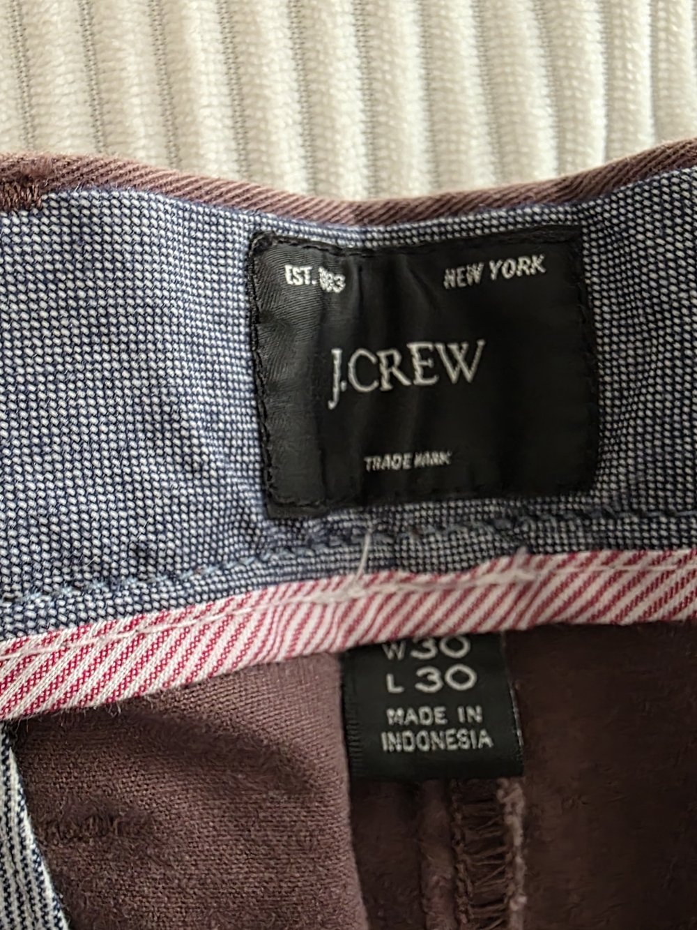J.Crew Men's Maroon Brown Chinos with Contrast Waistband
